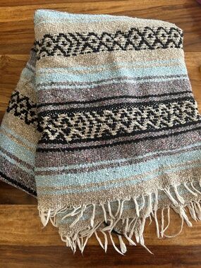 Handwoven Striped Baja Mexican Blanket with Fringe - Blue Purple Cream 45”x69